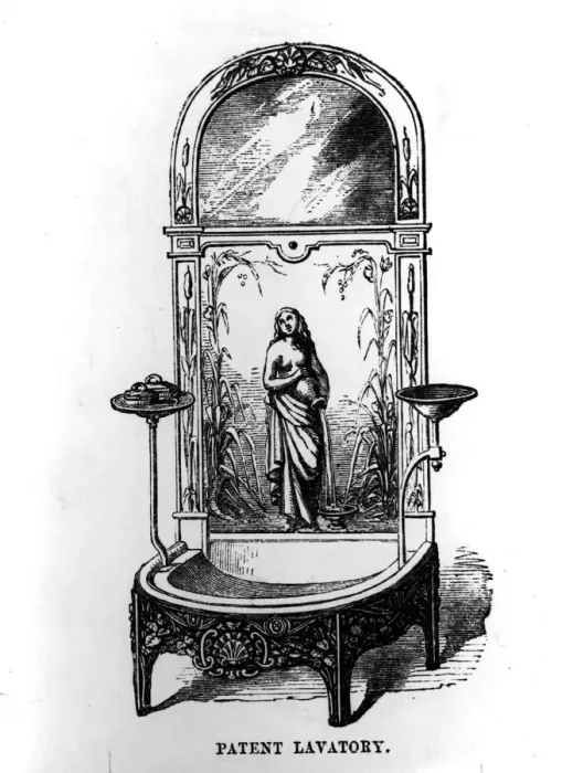 Framed Print : Throne. circa 1900: An illustration of a patent lavatory