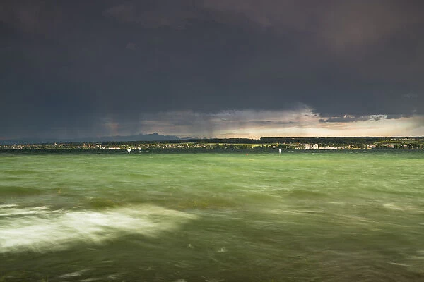 Thunderstorm and high waves at the Horn outdoor pool, rainbow over Lake Constance, Konstanz, Baden-Wuerttemberg, Germany