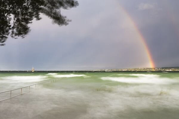 Thunderstorm and high waves at the Horn outdoor pool, rainbow over Lake Constance, Konstanz, Baden-Wuerttemberg, Germany