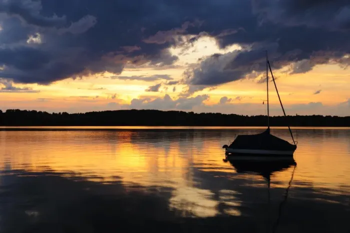 Framed Print : Thunderstorm at sunset on near the Seeburg on Lake Starnberg, Allmannshausen, Bavaria, Germany, Europe
