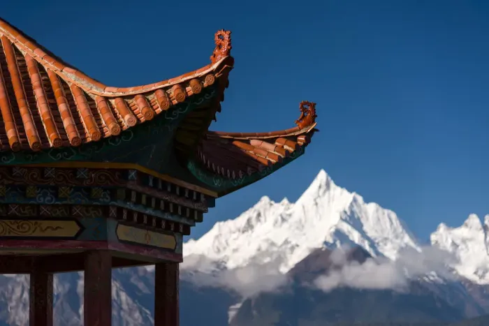 Framed Print : Tibetan Pavillion and Meili Xue Shan Peak Framed Print : Tibetan Pavillion and Meili Xue Shan Peak