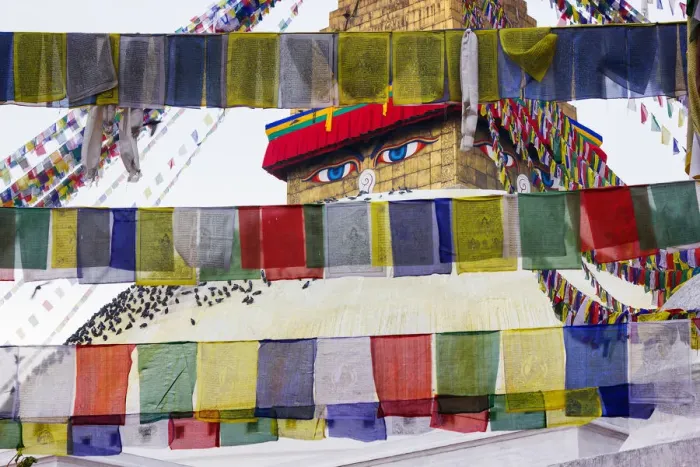 Framed Print : Tibetan temple behind prayer flags