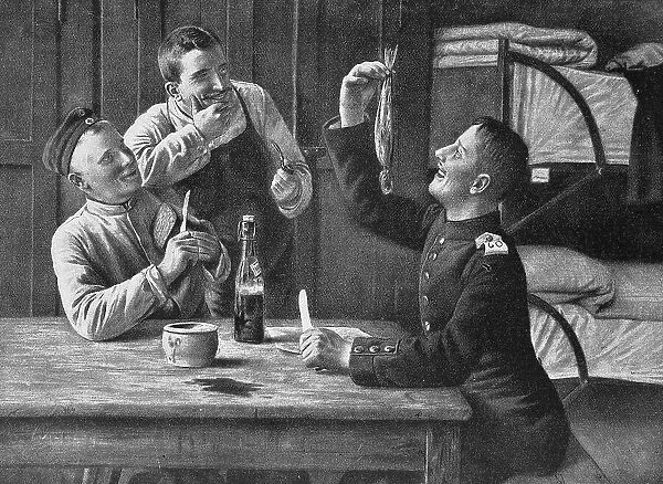 Tidbit, Man in uniform sitting at a table in a barracks room eating a whole herring, Friesland, Germany, Historic, digital reproduction of an original 19th century print