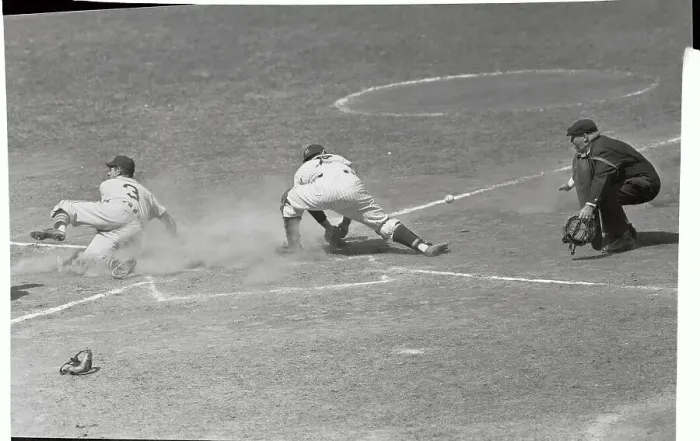 Framed Print : Tiger Player Sliding Past Yogi Berra Framed Print : Tiger Player Sliding Past Yogi Berra