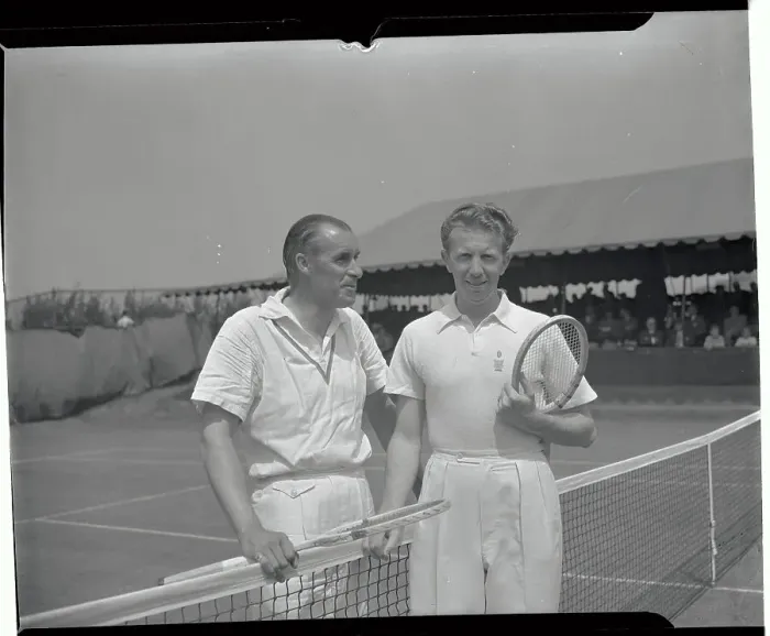 Framed Print : Bill Tilden and Don Budge Standing by Net Framed Print : Bill Tilden and Don Budge Standing by Net