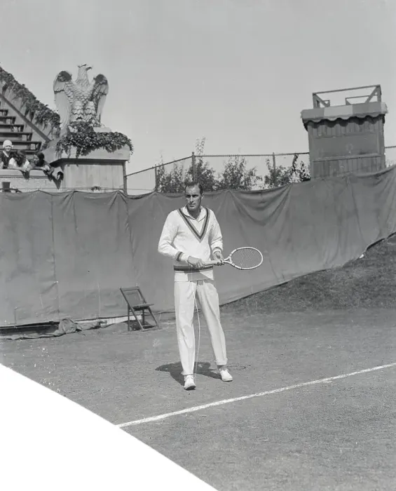 Framed Print : Bill Tilden Holding Tennis Racket on Court