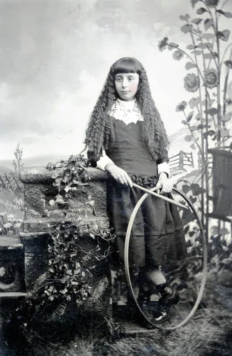 Framed Print : Tintype of girl posing with hoop and stick game Framed Print : Tintype of girl posing with hoop and stick game