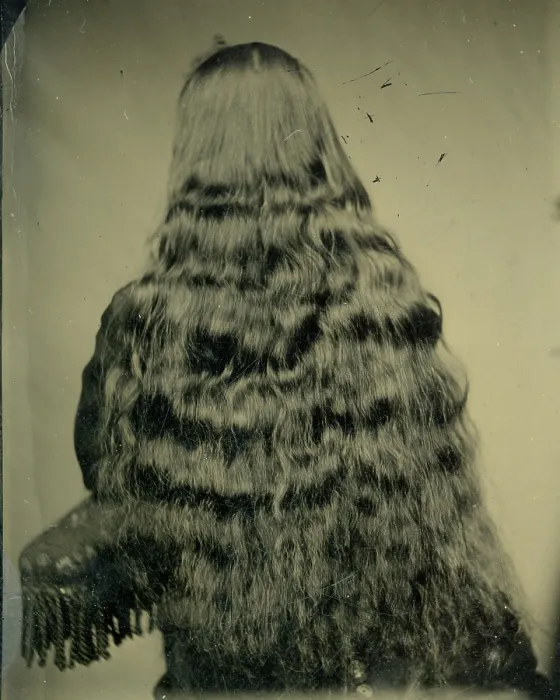 Framed Print : Tintype photograph from 1870s of back of woman's head, long black hair