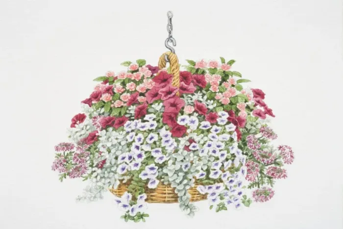 Framed Print : Tiny red flowers of Verbena Carousel, purple-white flowers of Petunia Surfinia Blue Vein, pink rose-like flowers of Impatiens or Busy Lizzie Framed Print : Tiny red flowers of Verbena Carousel, purple-white flowers of Petunia Surfinia Blue Vein, pink rose-like flowers of Impatiens or Busy Lizzie