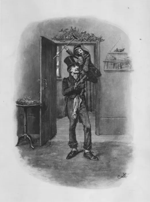 Framed Print : Tiny Tim. circa 1844: Bob Cratchit carrying Tiny Tim on his shoulders Framed Print : Tiny Tim. circa 1844: Bob Cratchit carrying Tiny Tim on his shoulders