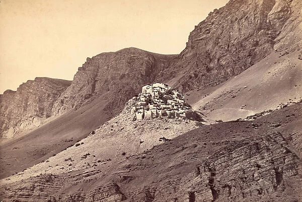 Spiti. A tiny village perched on a rocky outcrop in Spiti, India, circa 1870