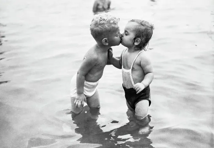 Framed Print : Toddlers Kissing in Lake Michigan Framed Print : Toddlers Kissing in Lake Michigan