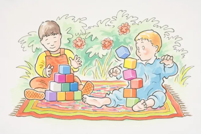 Framed Print : Two toddlers on rug building with square bricks