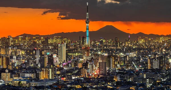 Tokyo cityscape with Mt. Fuji at a colorful sunset