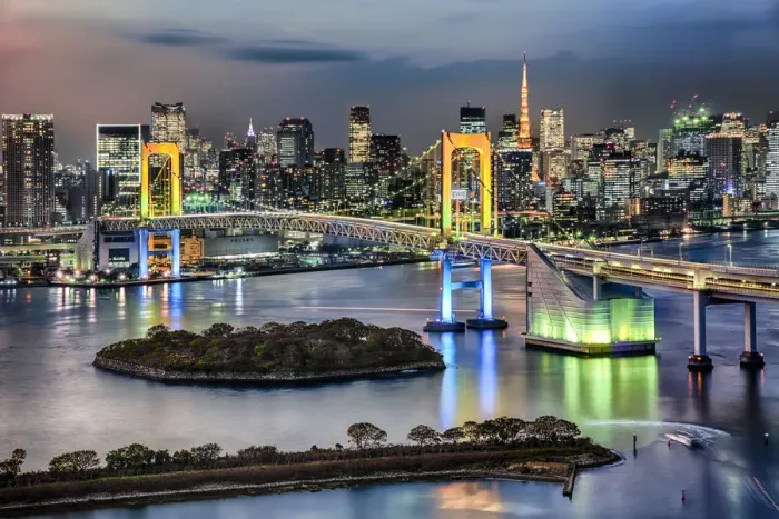 Framed Print : Tokyo Rainbow Bridge And Tokyo Tower Skyline At Dusk Framed Print : Tokyo Rainbow Bridge And Tokyo Tower Skyline At Dusk