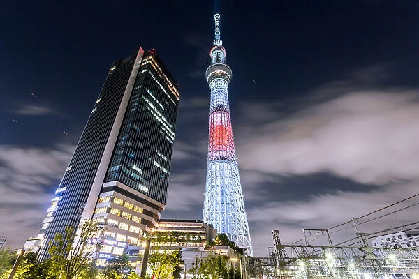 Tokyo Sky tree illuminated with special light up for celebration olympic at night, Tokyo