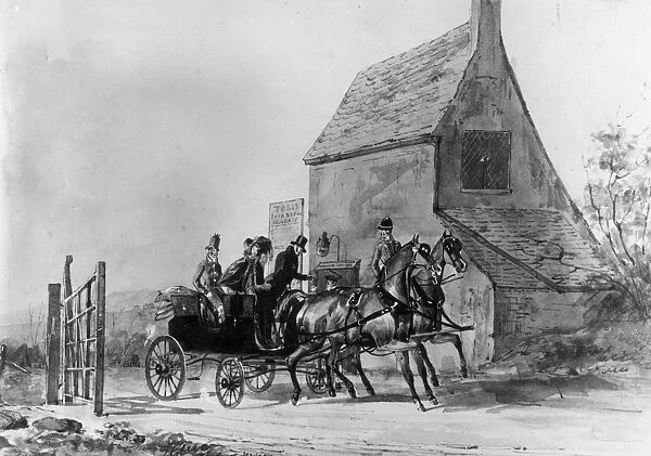 Tollgate. circa 1830: A carriage paying at a toll gate