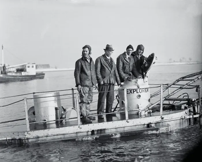 Framed Print : Tom Dunbar, Simon Lake, William Beebe, and Frank Crilly Posing Framed Print : Tom Dunbar, Simon Lake, William Beebe, and Frank Crilly Posing