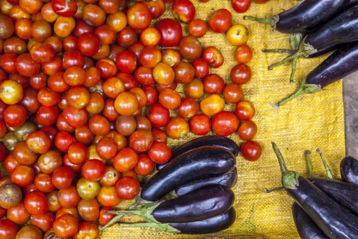 Framed Print : Tomatoes and eggplants for sale on market Framed Print : Tomatoes and eggplants for sale on market