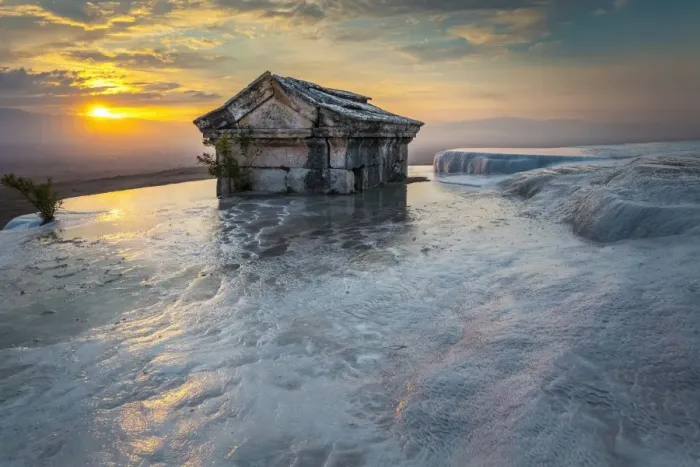 Framed Print : Tomb submerged in a travertine pool in Hierapolis at sunset