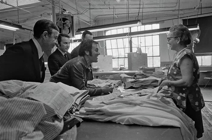 Framed Print : Tony Curtis Visits The Tom James Company Factory, Perth Amboy, New Jersey Framed Print : Tony Curtis Visits The Tom James Company Factory, Perth Amboy, New Jersey