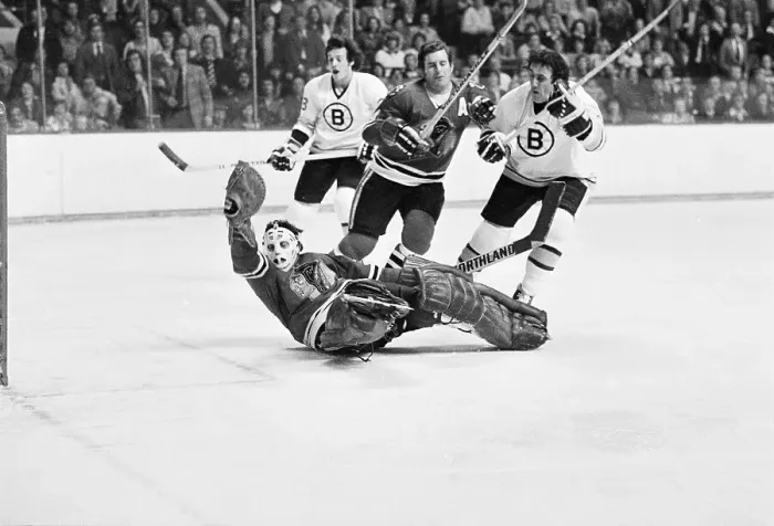 Framed Print : Tony Esposito Reaching for Puck Framed Print : Tony Esposito Reaching for Puck