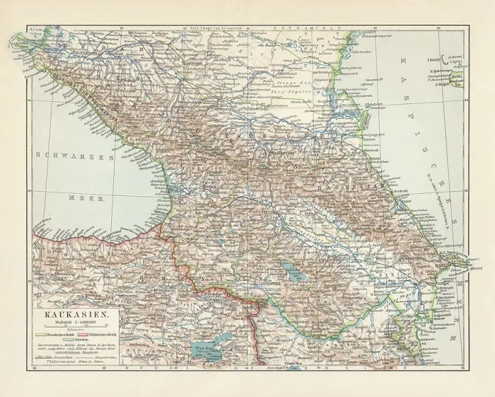 Framed Print : Topographic map of the Caucasus Region, lithograph, published in 1898