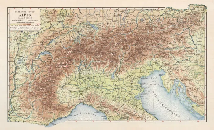 Framed Print : Topographic map of the European Alps, lithograph, published in 1897