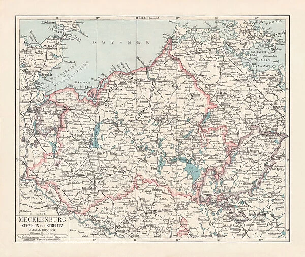 Topographic map of Mecklenburg, Germany, lithograph, published in 1897