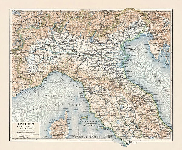 Topographic map of Northern Italy, lithograph, published 1897