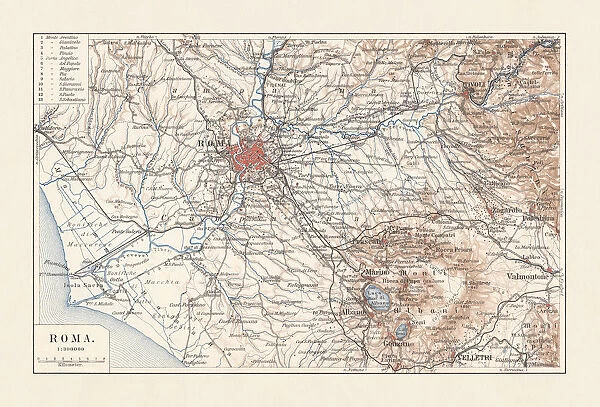 Topographic map of Rome, Italy and surroundings, lithograph, published 1897