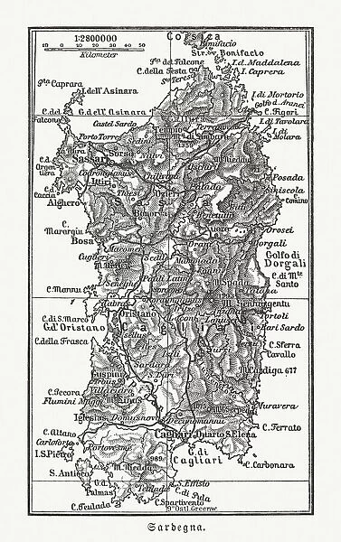 Topographic map of Sardinia, Italy, wood engraving, published 1897
