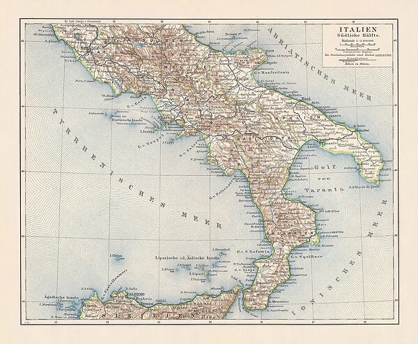 Topographic map of Southern Italy, lithograph, published 1897