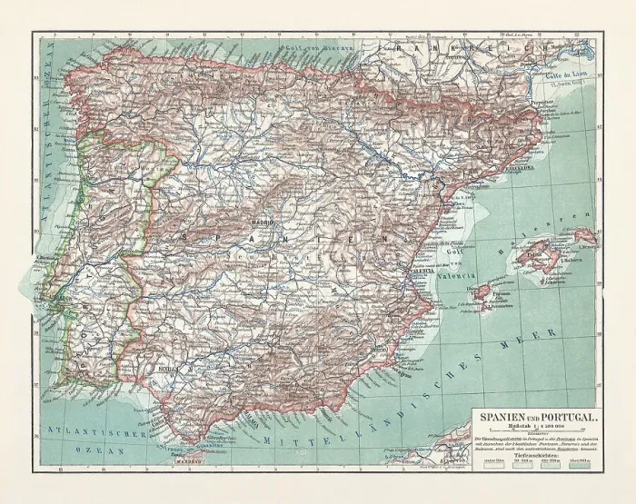 Framed Print : Topographic map of Spain and Portugal, lithograph, published in 1897 Framed Print : Topographic map of Spain and Portugal, lithograph, published in 1897