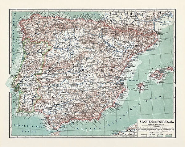 Topographic map of Spain and Portugal, lithograph, published in 1897