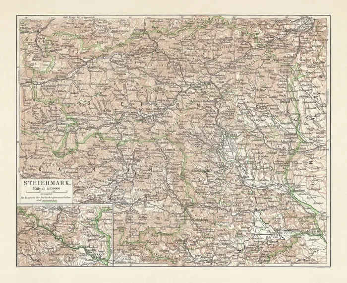 Framed Print : Topographic map of Styria, Austria, lithograph, published in 1897 Framed Print : Topographic map of Styria, Austria, lithograph, published in 1897