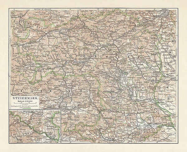 Topographic map of Styria, Austria, lithograph, published in 1897