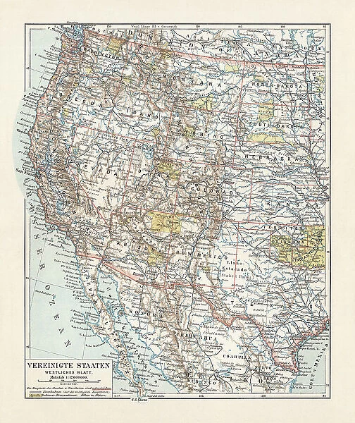Topographic map of the United States, western states, lithograph, 1897