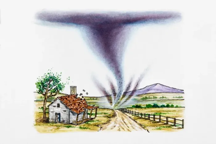 Framed Print : Tornado in rural landscape, tiles flying off roof Framed Print : Tornado in rural landscape, tiles flying off roof