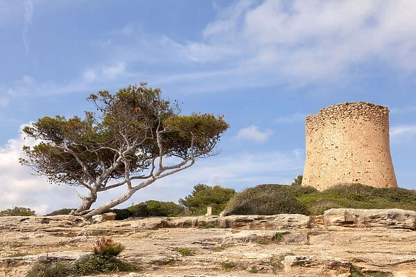 Torre de Cala Pi, medieval watchtower on the coast, Cala Pi, Majorca, Balearic Islands, Spain