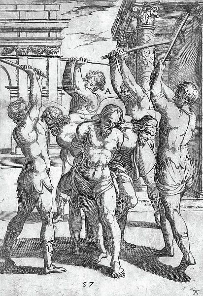 Torture, The beating of three saints with their backs tied together, ca 1600, Italy, Historic, digitally restored reproduction from a 19th century original