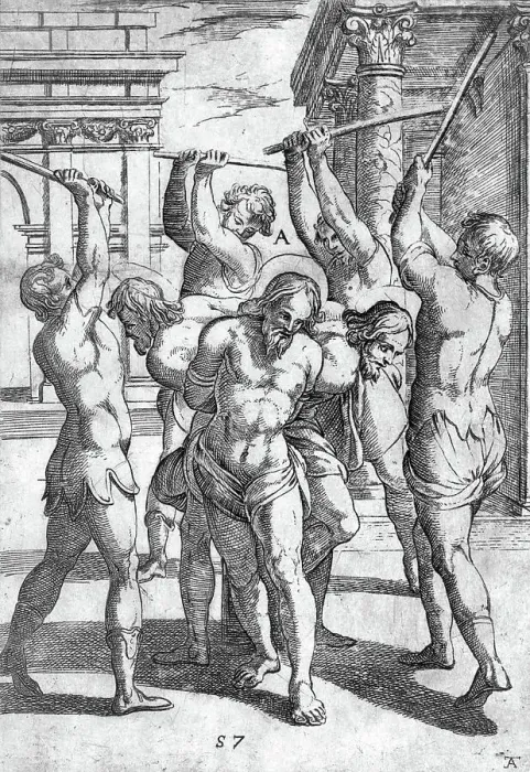 Framed Print : Torture, The beating of three saints with their backs tied together, ca 1600, Italy, Historic, digitally restored reproduction from a 19th century original Framed Print : Torture, The beating of three saints with their backs tied together, ca 1600, Italy, Historic, digitally restored reproduction from a 19th century original