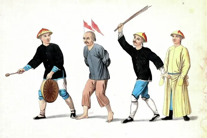 Framed Print : Torture, Punishment, Punishment, A Chinese man with his hands tied behind his back and two red flags on his head is being whipped with wooden sticks, on the left a man holds a drum, c Framed Print : Torture, Punishment, Punishment, A Chinese man with his hands tied behind his back and two red flags on his head is being whipped with wooden sticks, on the left a man holds a drum, c