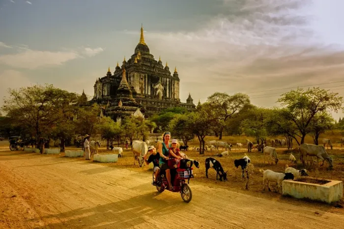 Framed Print : A tourist family driving around bagan temples, Myanmar Framed Print : A tourist family driving around bagan temples, Myanmar