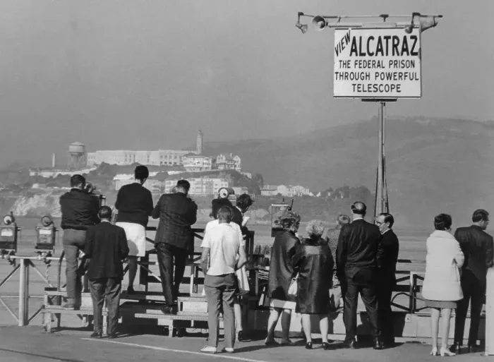 Framed Print : Tourists Viewing Alcatraz Through Telescopes