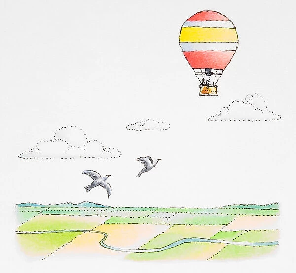 Tow birds chasing a hot air balloon