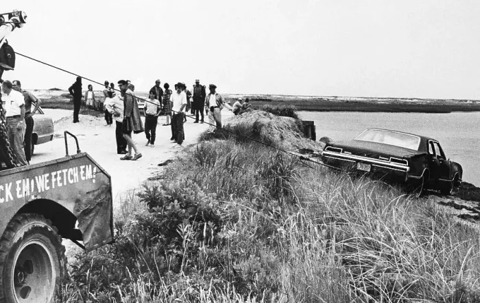 Framed Print : Tow Truck Pulling Kennedy Car from Pond Framed Print : Tow Truck Pulling Kennedy Car from Pond