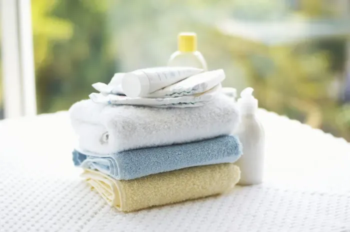 Framed Print : Towels and creams, close up Framed Print : Towels and creams, close up