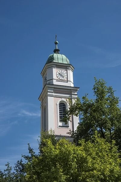 Tower of the parish church of St. Andrew, Berchtesgaden, Berchtesgadener Land district, Upper Bavaria, Bavaria, Germany