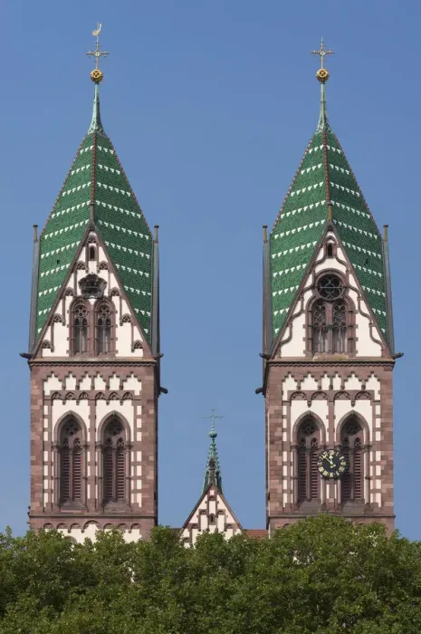Framed Print : Towers of the Herz Jesu-Kirche, or Sacred Heart Church, built in the style of Historicism, consecrated in 1897, Freiburg, Baden-Wurttemberg, Germany Framed Print : Towers of the Herz Jesu-Kirche, or Sacred Heart Church, built in the style of Historicism, consecrated in 1897, Freiburg, Baden-Wurttemberg, Germany